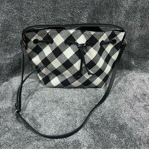 Talbots Buffalo Plaid Drawstring Bucket Bag leather trim